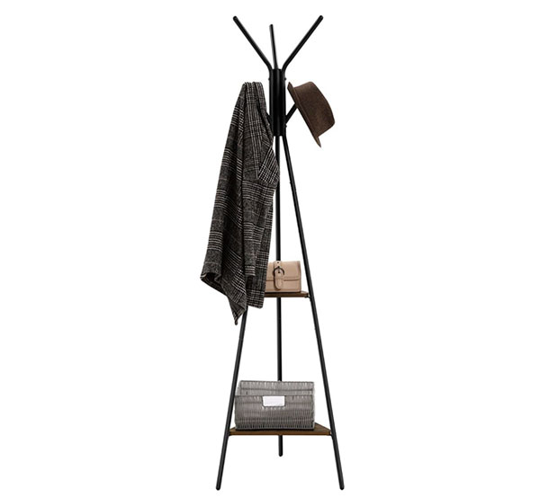 Kovový vešiak na oblečenie s drevenými poličkami 7331 179 cm, čierna
